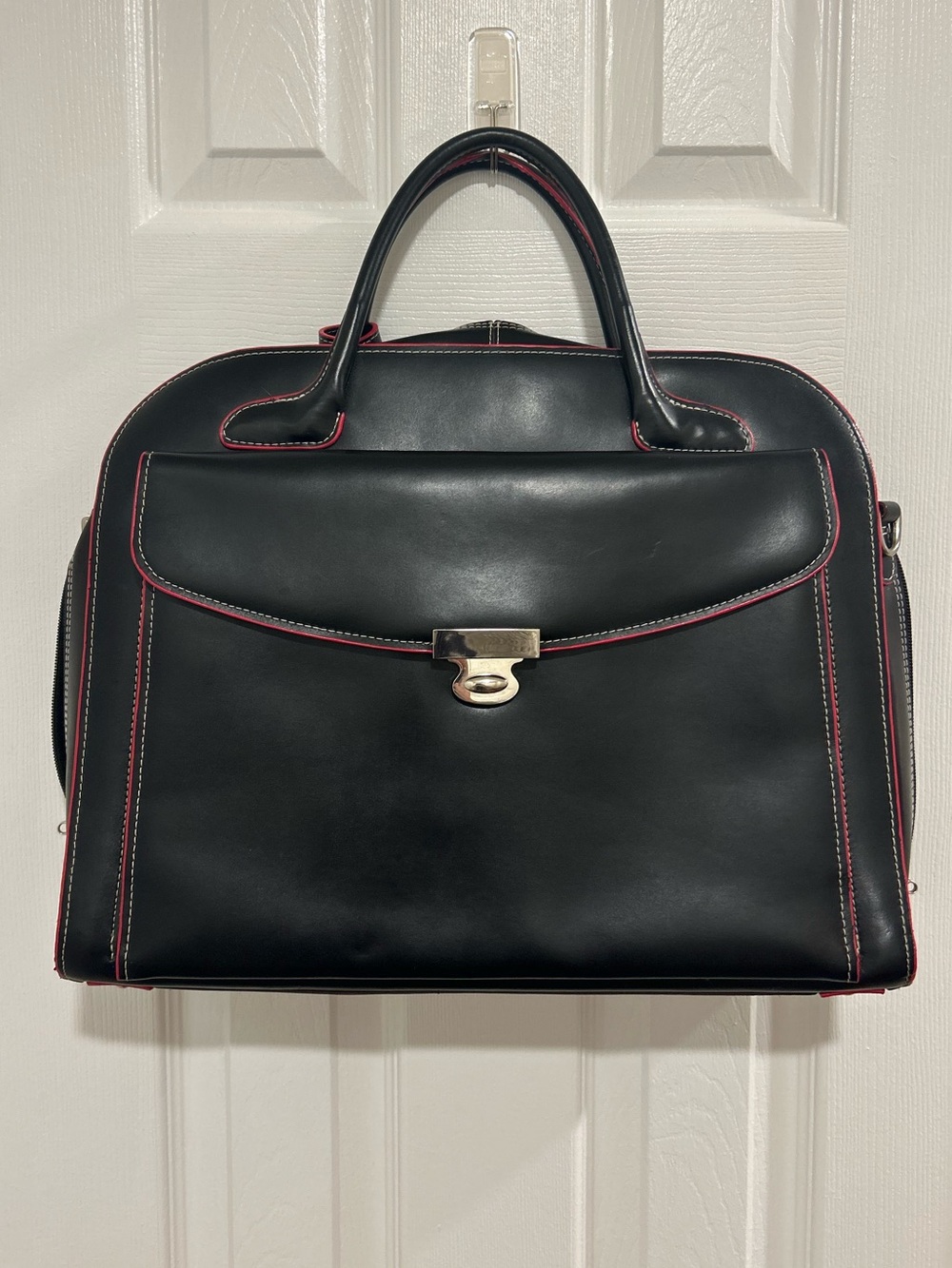 Vintage McKlein Leather Laptop Bag Black Red Outline Shoulder Strap Briefcase